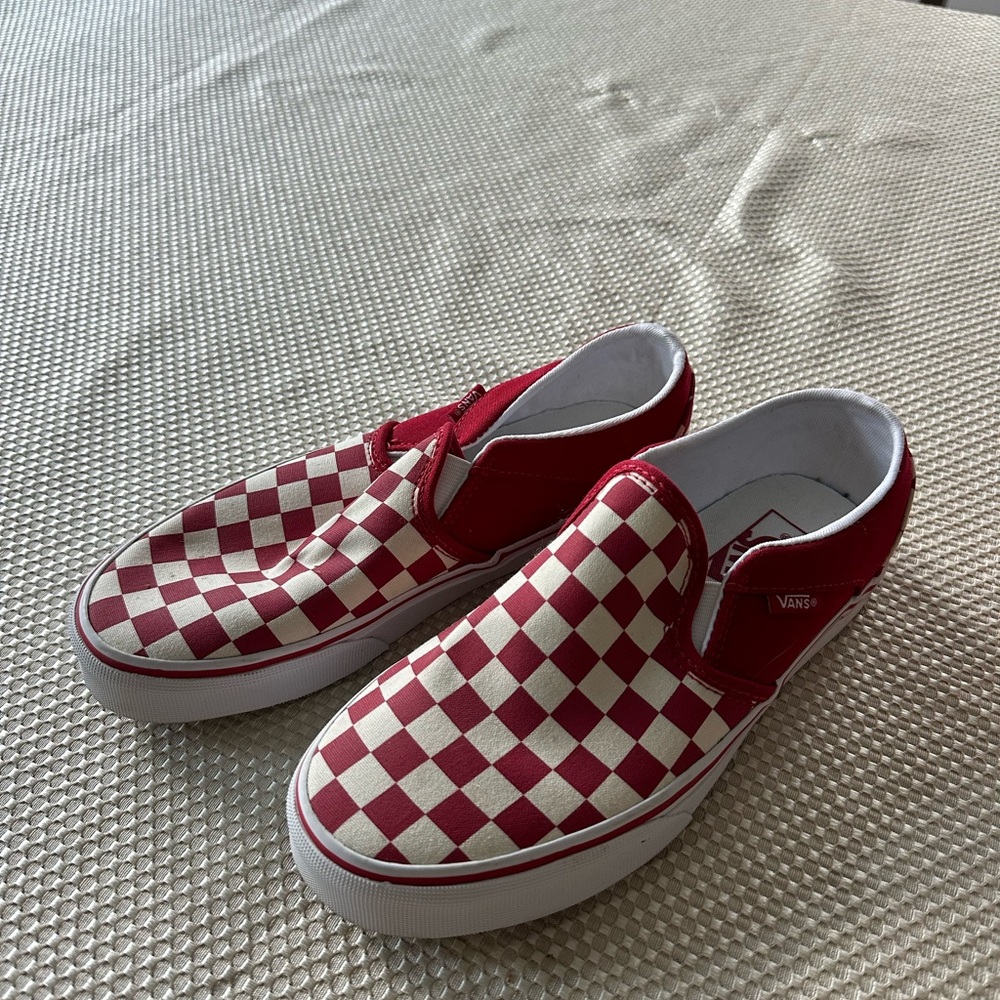 Brand new red white checkerboard slip on vans